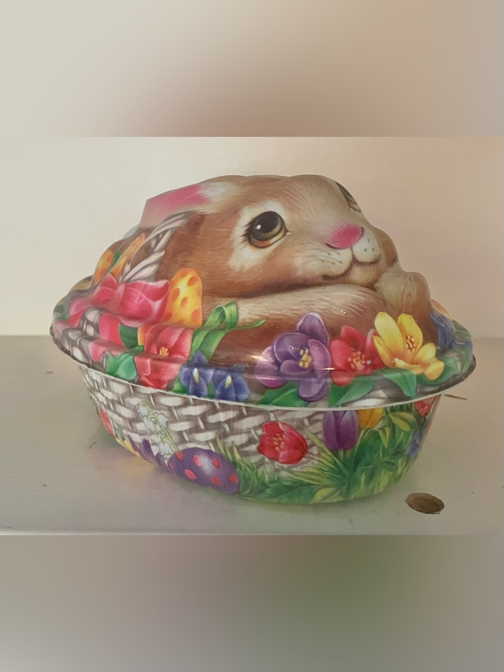 Vintage Plastic Easter Bunny Egg Basket Molded Candy Container 3D Lid Kitschy